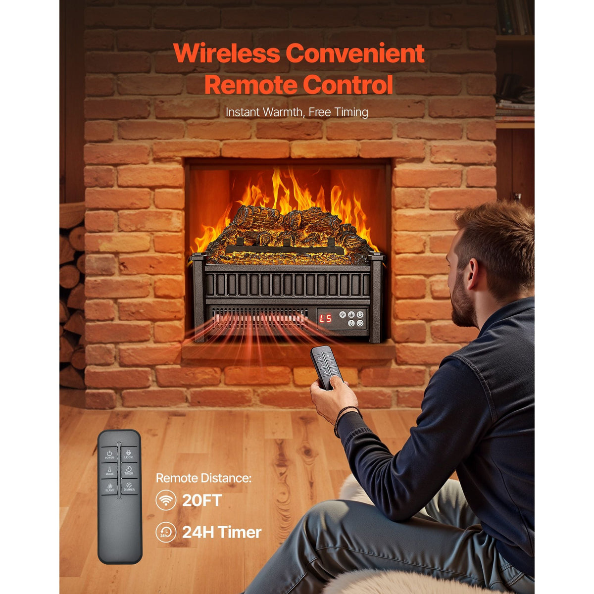 Electric Fireplace Log, 16 inch Fireplace Insert Log Heater, with Remote Controller, 5 Adjustable Flame Brightness, 24H Timer, Overheat Protection, Thermostat, for Home and Office Decor Black