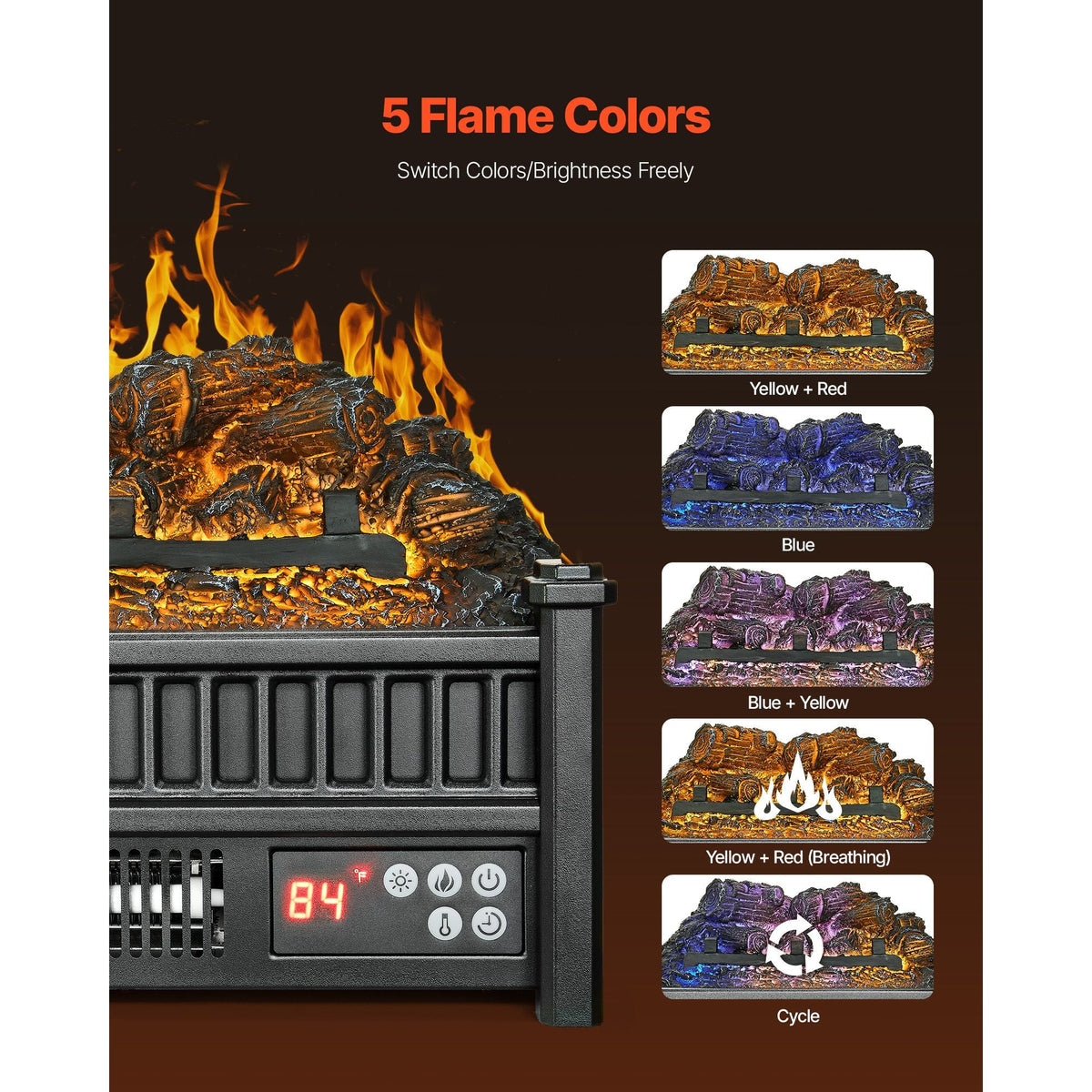 Electric Fireplace Log, 16 inch Fireplace Insert Log Heater, with Remote Controller, 5 Adjustable Flame Brightness, 24H Timer, Overheat Protection, Thermostat, for Home and Office Decor Black