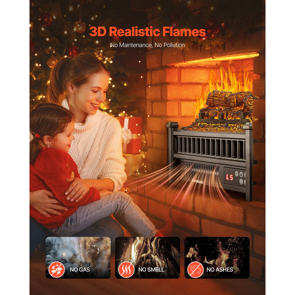 Electric Fireplace Log, 16 inch Fireplace Insert Log Heater, with Remote Controller, 5 Adjustable Flame Brightness, 24H Timer, Overheat Protection, Thermostat, for Home and Office Decor Black