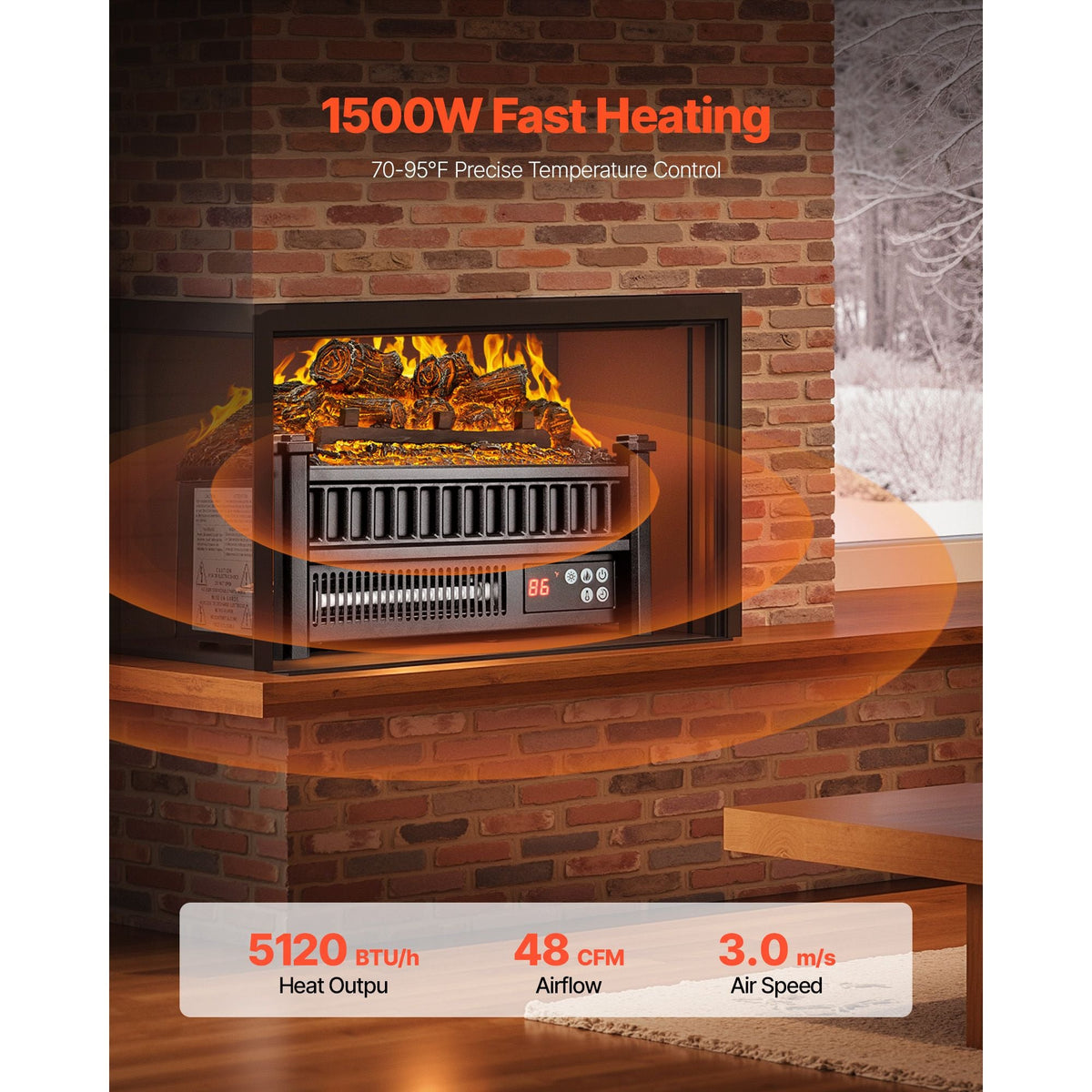 Electric Fireplace Log, 16 inch Fireplace Insert Log Heater, with Remote Controller, 5 Adjustable Flame Brightness, 24H Timer, Overheat Protection, Thermostat, for Home and Office Decor Black