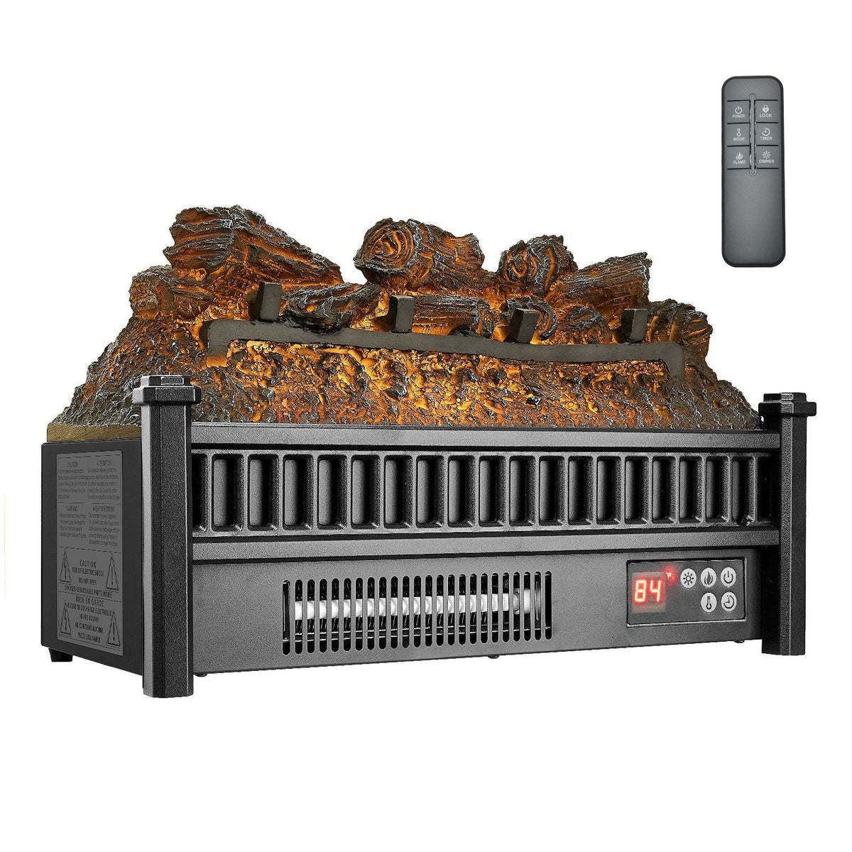 Electric Fireplace Log, 20 inch Fireplace Insert Log Heater, with Remote Controller, 5 Adjustable Flame Brightness, 24H Timer, Overheat Protection, Thermostat, for Home and Office Decor Black