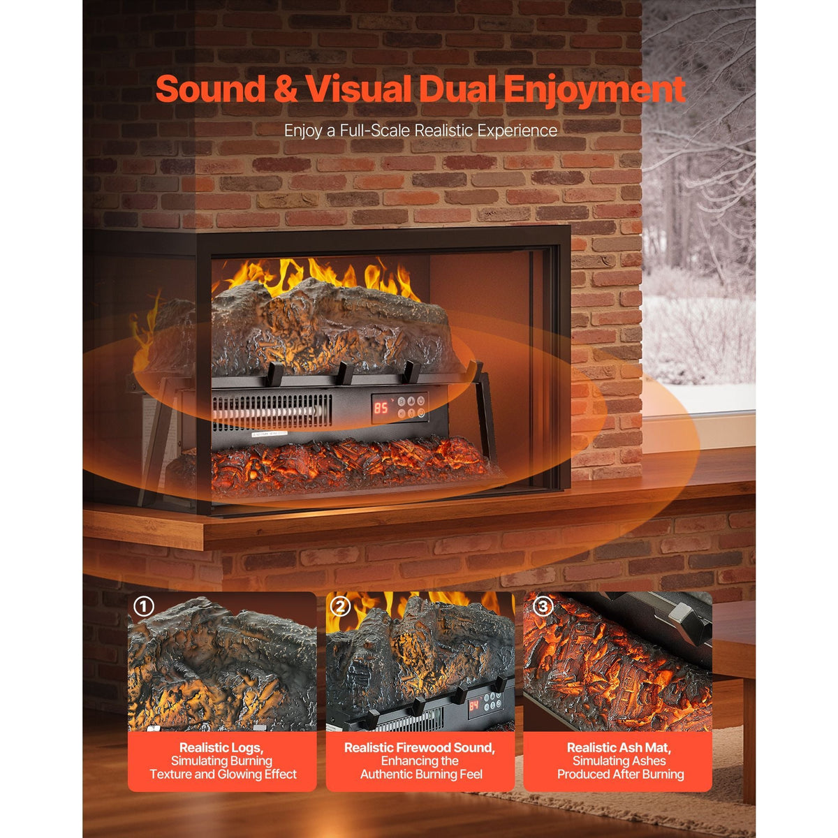 Electric Fireplace Log, 23 inch Fireplace Insert Log Heater, with Crackling Sound,Remote Controller, 5 Adjustable Flame Brightness, Timer, Overheat Protection, Thermostat, for Home Decor Black