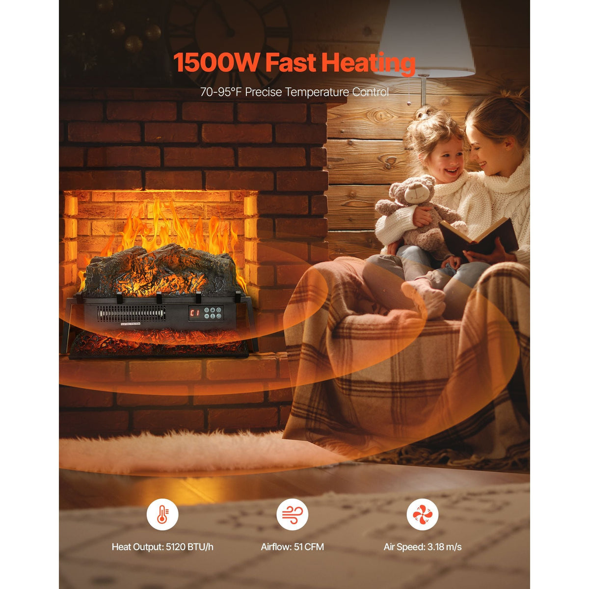 Electric Fireplace Log, 23 inch Fireplace Insert Log Heater, with Crackling Sound,Remote Controller, 5 Adjustable Flame Brightness, Timer, Overheat Protection, Thermostat, for Home Decor Black