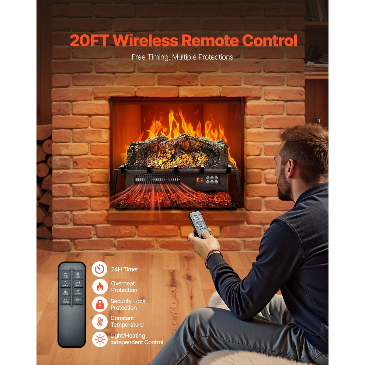 Electric Fireplace Log, 23 inch Fireplace Insert Log Heater, with Crackling Sound,Remote Controller, 5 Adjustable Flame Brightness, Timer, Overheat Protection, Thermostat, for Home Decor Black