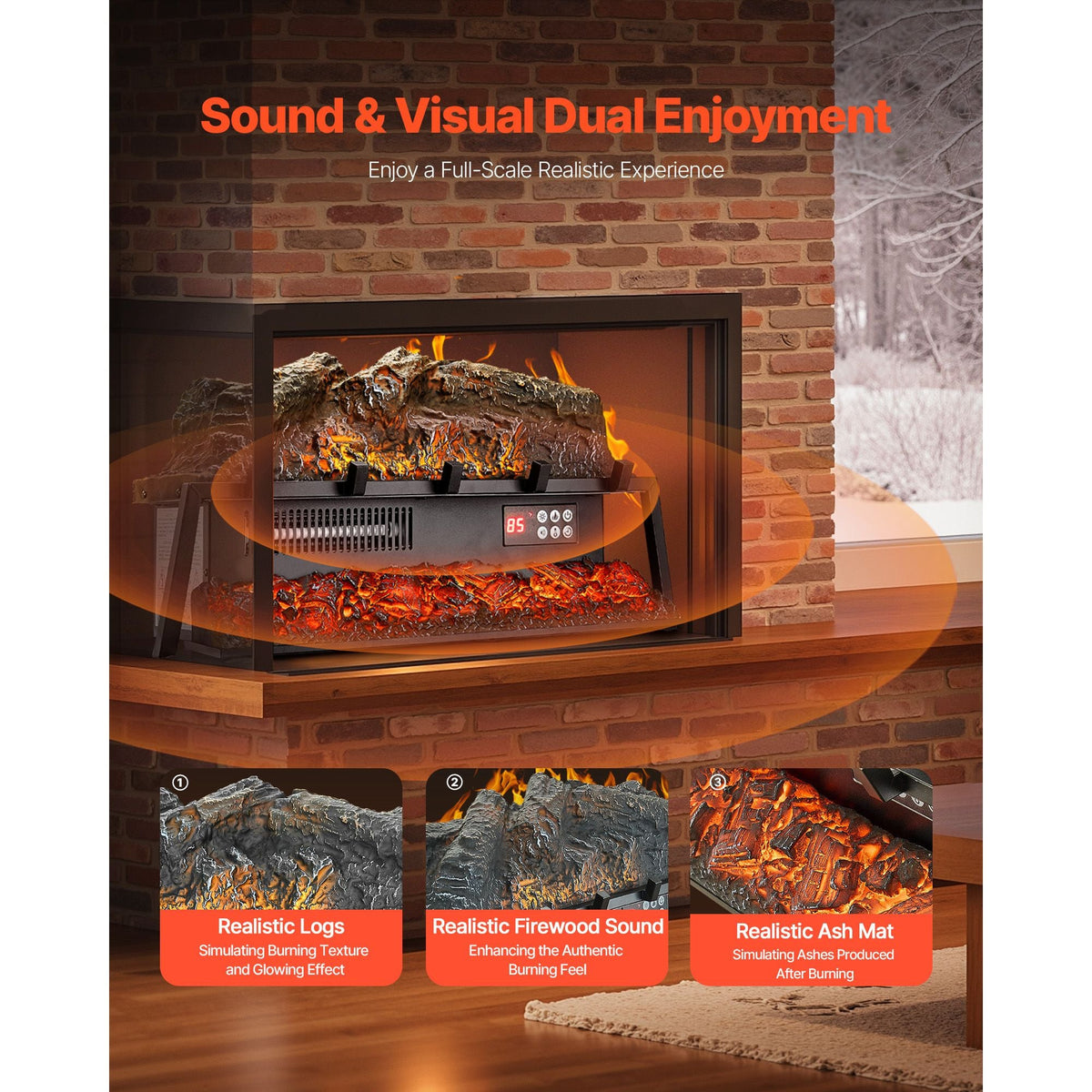 Electric Fireplace Log, 25 inch Fireplace Insert Log Heater, with Crackling Sound,Remote Controller, 5 Adjustable Flame Brightness, Timer, Overheat Protection, Thermostat, for Home Decor Black
