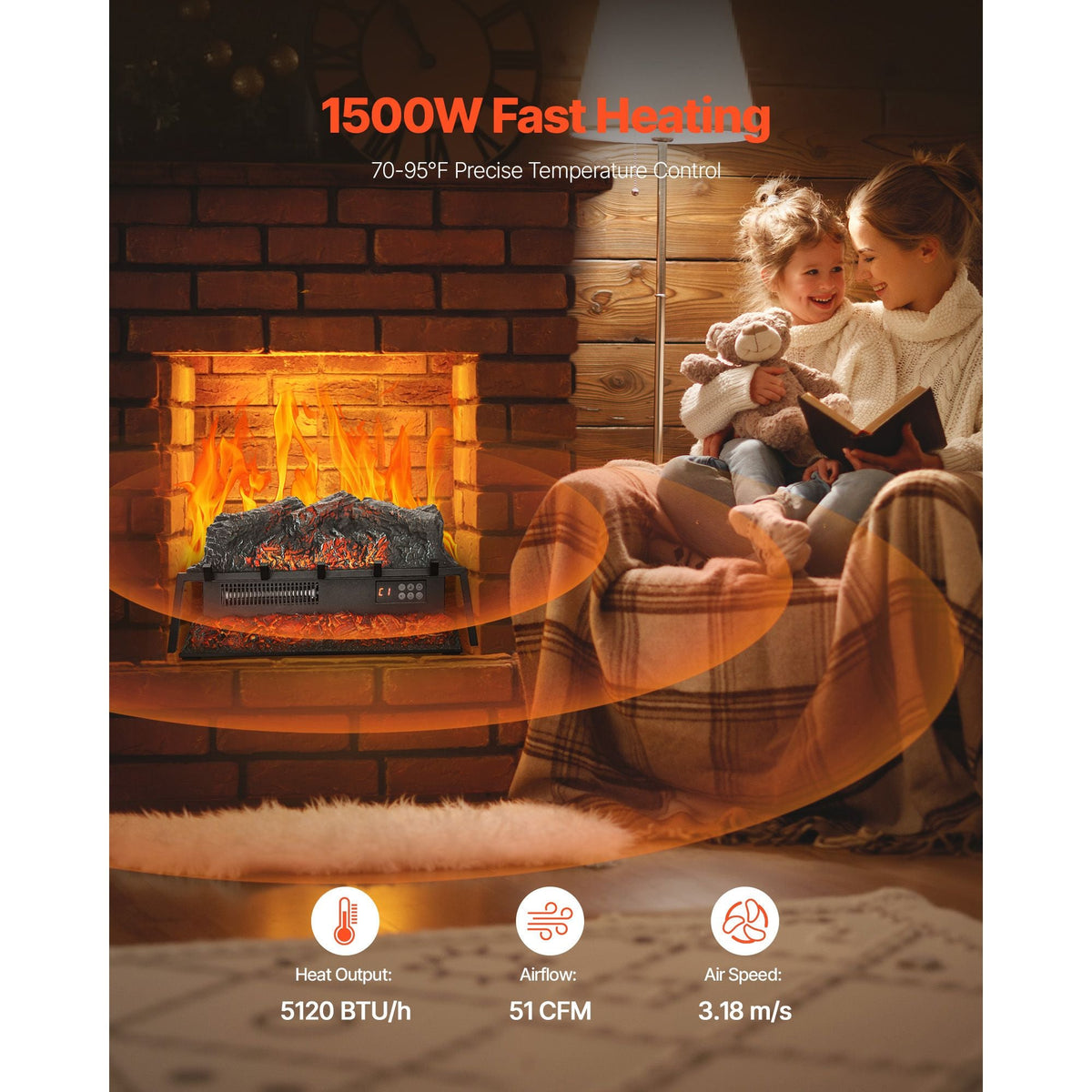 Electric Fireplace Log, 25 inch Fireplace Insert Log Heater, with Crackling Sound,Remote Controller, 5 Adjustable Flame Brightness, Timer, Overheat Protection, Thermostat, for Home Decor Black