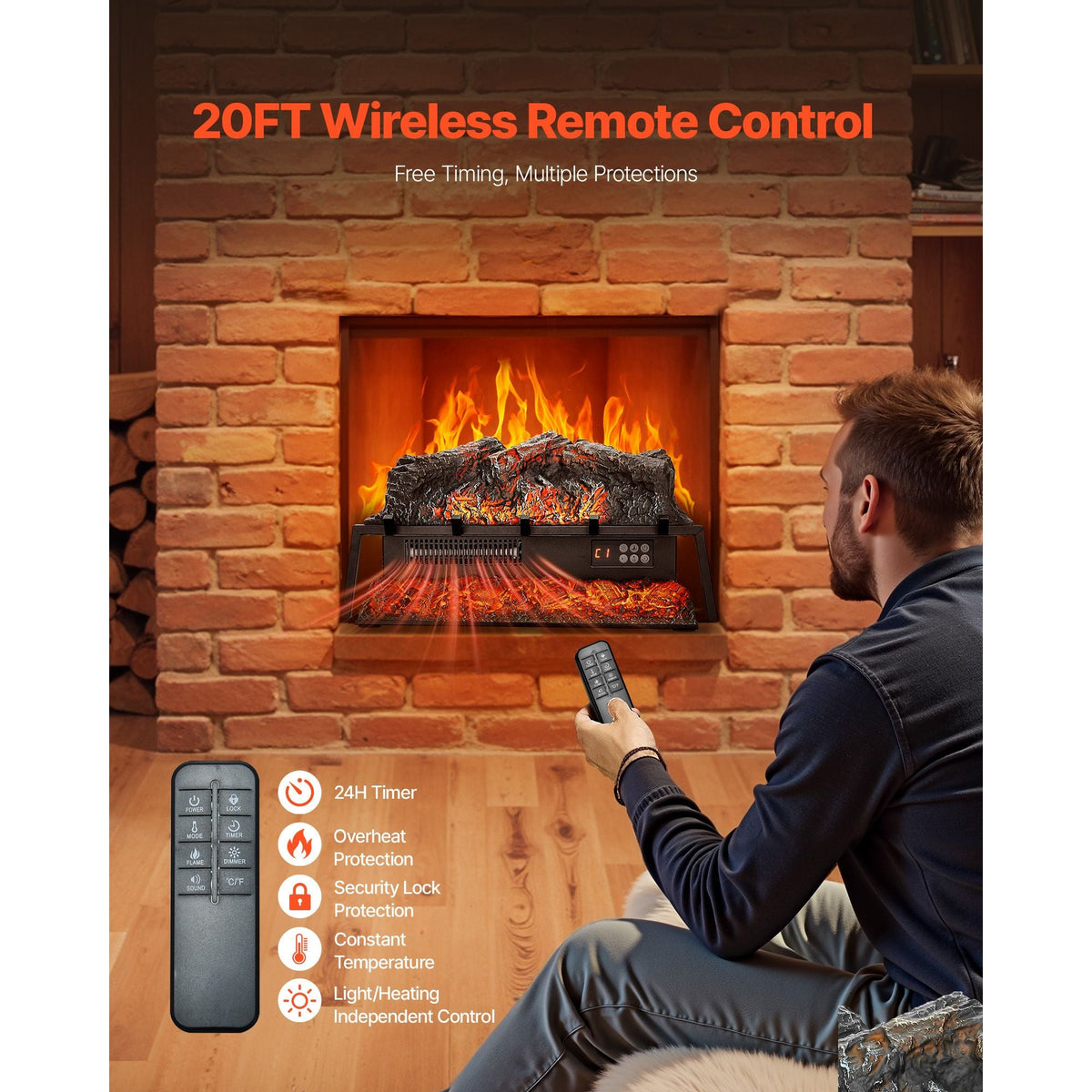 Electric Fireplace Log, 25 inch Fireplace Insert Log Heater, with Crackling Sound,Remote Controller, 5 Adjustable Flame Brightness, Timer, Overheat Protection, Thermostat, for Home Decor Black