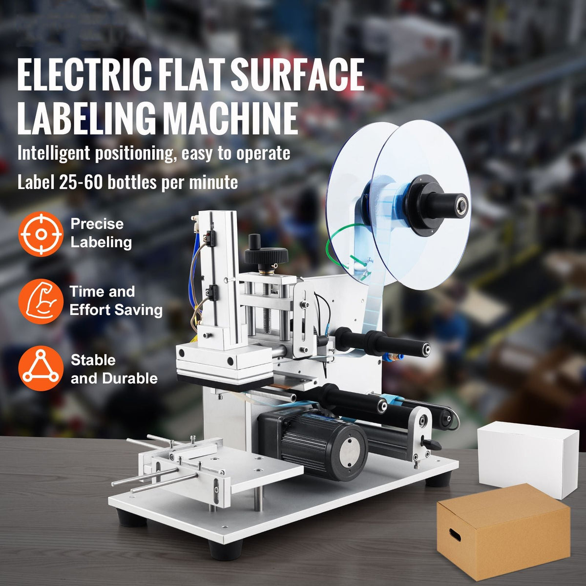 Electric Flat Labeling Machine, 25-60pcs/min, Flat Surface Label Applicator for Cardboard Boxes/Square Bottles/Tin Cans, Labeler Suitable for Item Size Range of 4.72 x 5.9 x (0.98-3.54) inches