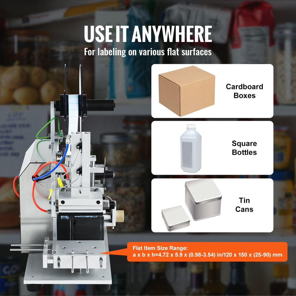 Electric Flat Labeling Machine, 25-60pcs/min, Flat Surface Label Applicator for Cardboard Boxes/Square Bottles/Tin Cans, Labeler Suitable for Item Size Range of 4.72 x 5.9 x (0.98-3.54) inches