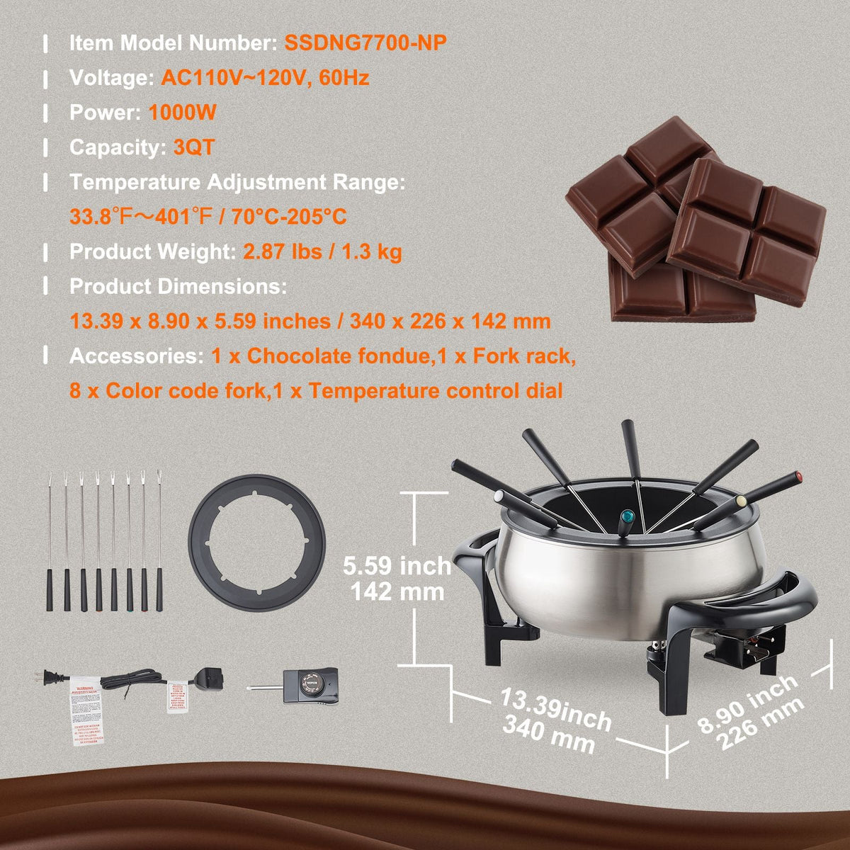 Electric Fondue Pot Set for Cheese & Chocolate, 3 Quart Chocolate Melting Warmer, Stainless Steel Fondue Maker with Temperature Control and 8 Forks, for Hors d'Oeuvres, Entrees, and Desserts