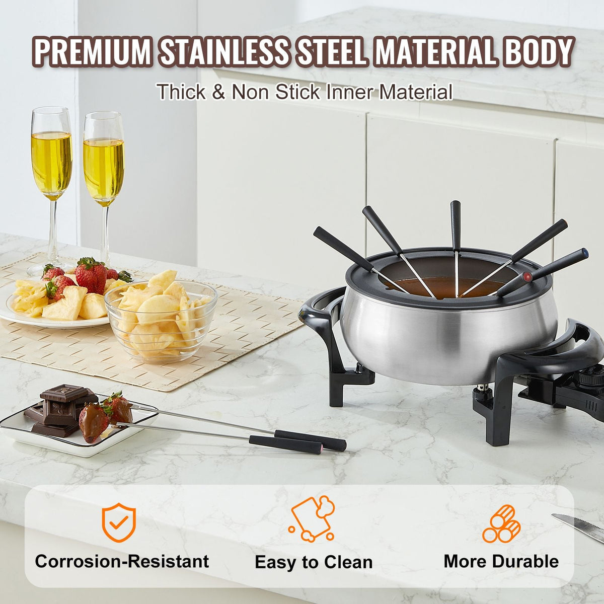 Electric Fondue Pot Set for Cheese & Chocolate, 3 Quart Chocolate Melting Warmer, Stainless Steel Fondue Maker with Temperature Control and 8 Forks, for Hors d'Oeuvres, Entrees, and Desserts