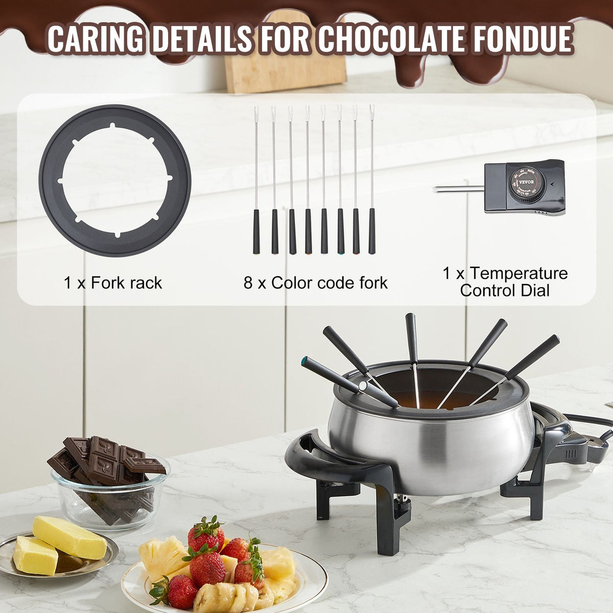Electric Fondue Pot Set for Cheese & Chocolate, 3 Quart Chocolate Melting Warmer, Stainless Steel Fondue Maker with Temperature Control and 8 Forks, for Hors d'Oeuvres, Entrees, and Desserts