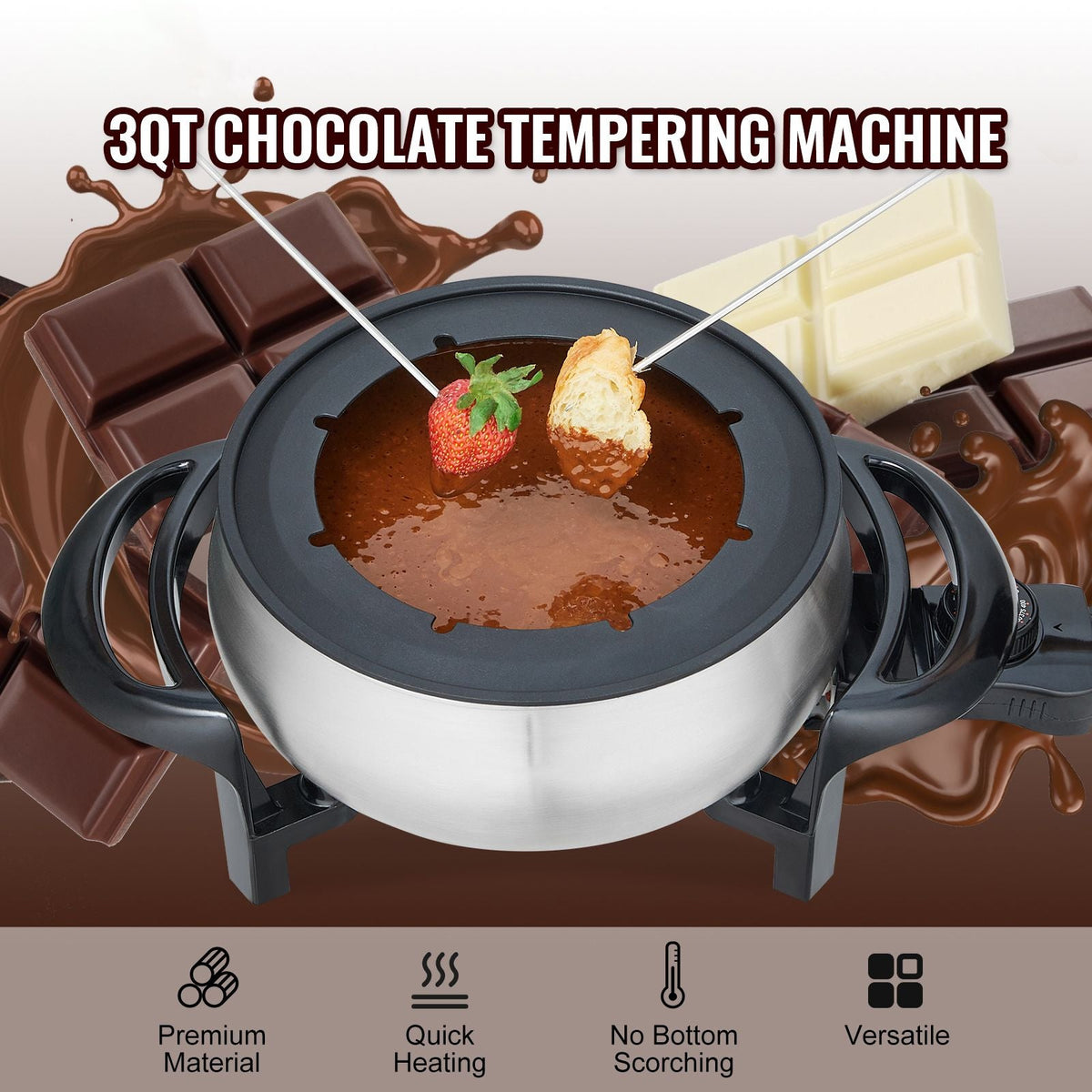 Electric Fondue Pot Set for Cheese & Chocolate, 3 Quart Chocolate Melting Warmer, Stainless Steel Fondue Maker with Temperature Control and 8 Forks, for Hors d'Oeuvres, Entrees, and Desserts