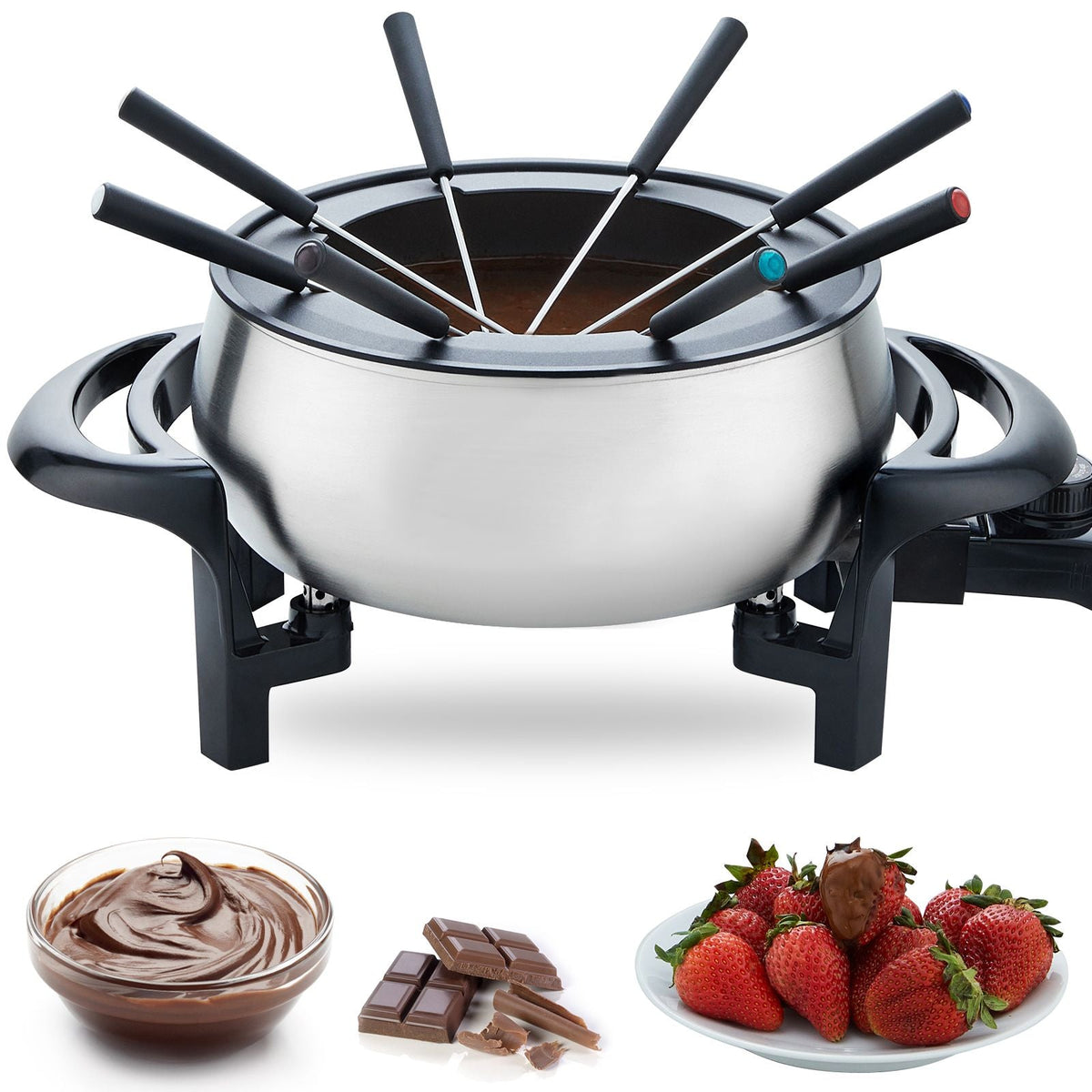 Electric Fondue Pot Set for Cheese & Chocolate, 3 Quart Chocolate Melting Warmer, Stainless Steel Fondue Maker with Temperature Control and 8 Forks, for Hors d'Oeuvres, Entrees, and Desserts