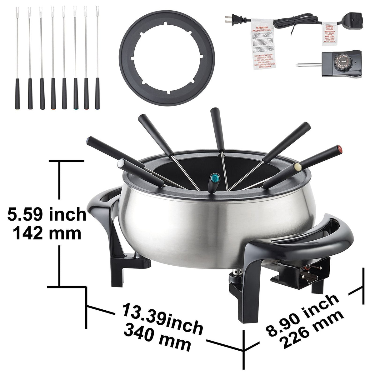 Electric Fondue Pot Set for Cheese & Chocolate, 3 Quart Chocolate Melting Warmer, Stainless Steel Fondue Maker with Temperature Control and 8 Forks, for Hors d'Oeuvres, Entrees, and Desserts