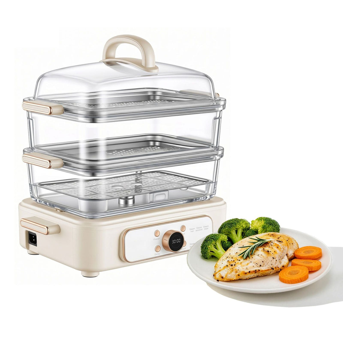 Electric Food Steamer 10.6 QT Glass with 3-Tier Stainless Steel Trays, 1200W Vegetable Steamer for Cooking, 2-4 Servings, Pre-Programmed Settings, Delay Start, for Veggies, Seafood & Rice, White