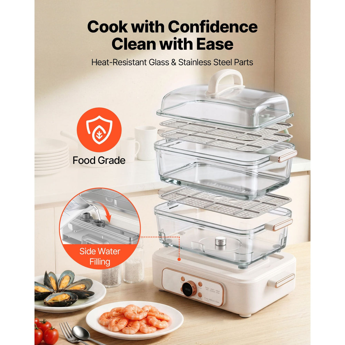 Electric Food Steamer 10.6 QT Glass with 3-Tier Stainless Steel Trays, 1200W Vegetable Steamer for Cooking, 2-4 Servings, Pre-Programmed Settings, Delay Start, for Veggies, Seafood & Rice, White