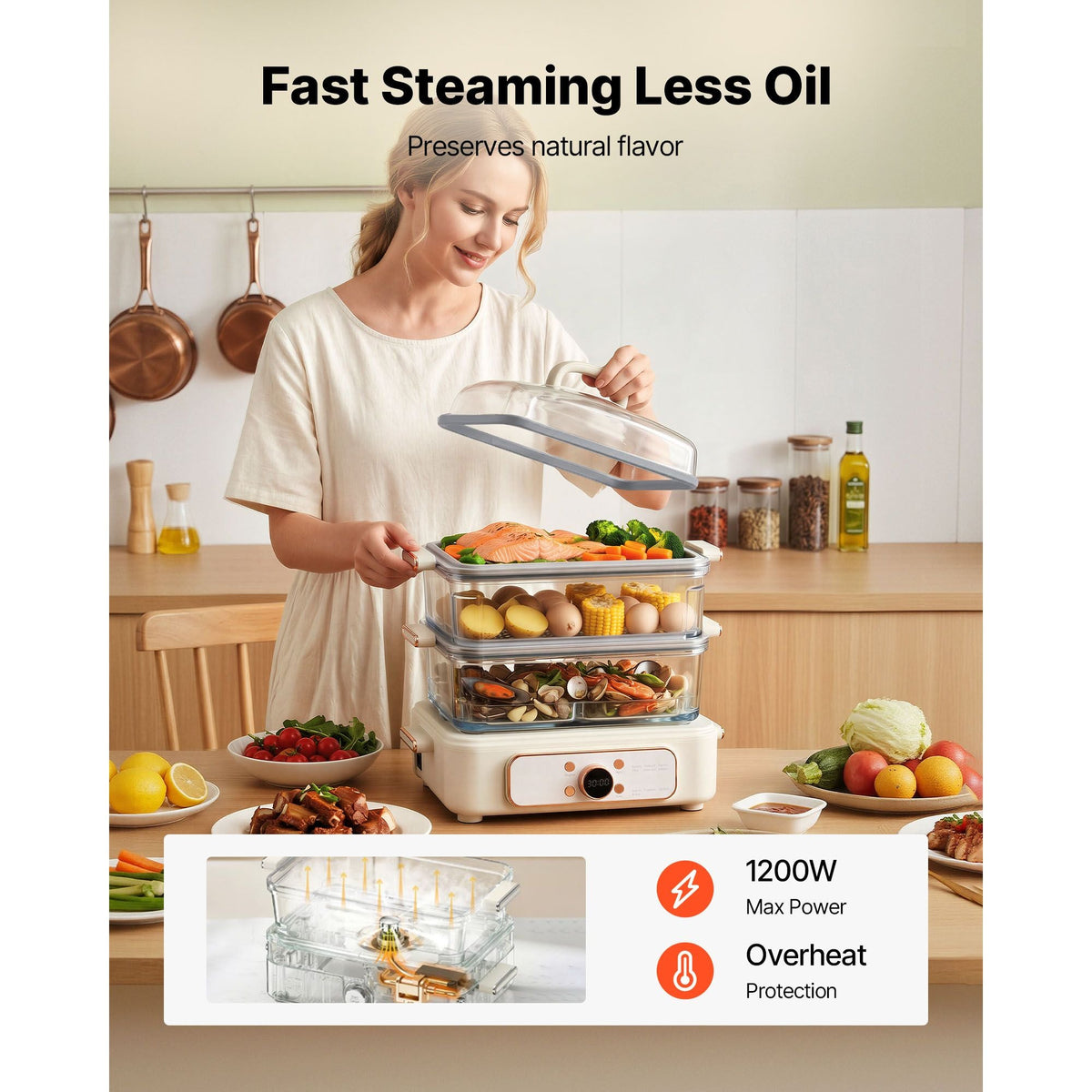 Electric Food Steamer 10.6 QT Glass with 3-Tier Stainless Steel Trays, 1200W Vegetable Steamer for Cooking, 2-4 Servings, Pre-Programmed Settings, Delay Start, for Veggies, Seafood & Rice, White