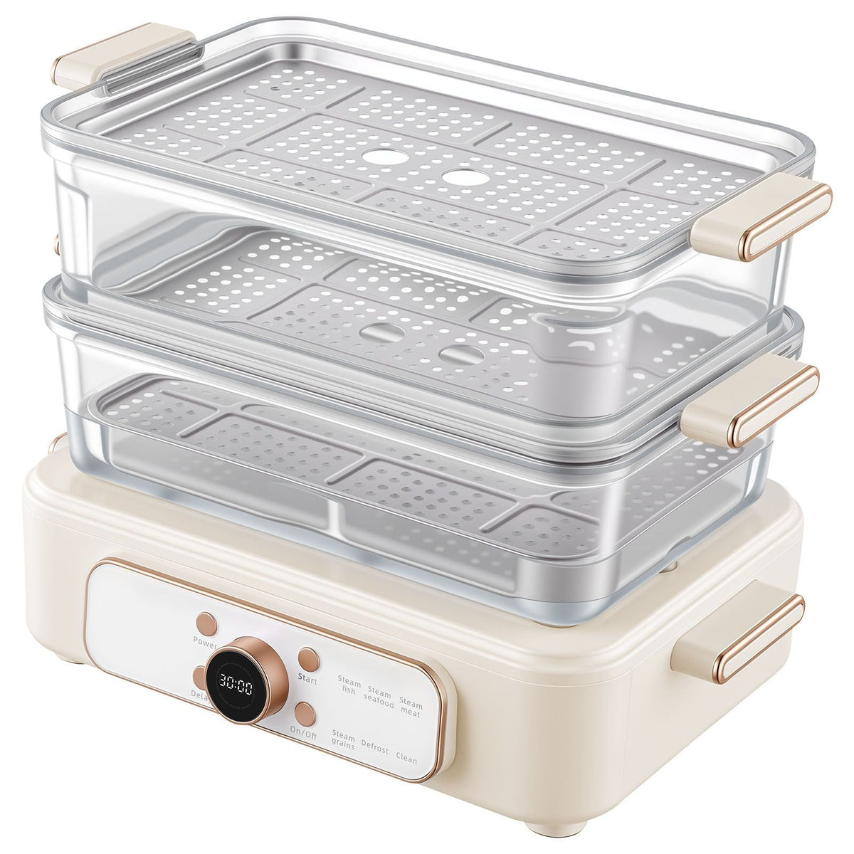 Electric Food Steamer 10.6 QT Glass with 3-Tier Stainless Steel Trays, 1200W Vegetable Steamer for Cooking, 2-4 Servings, Pre-Programmed Settings, Delay Start, for Veggies, Seafood & Rice, White