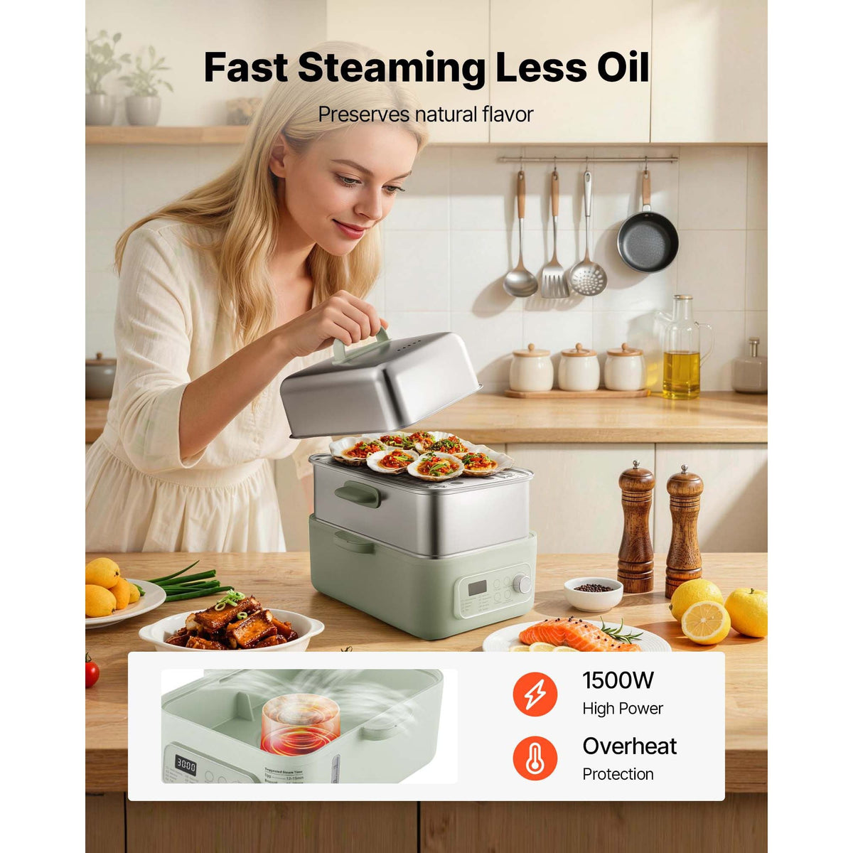 Electric Food Steamer 13.7 QT 2-Tier Stainless Steel for 3-6 Servings, 1500W Vegetable & Meal Steamer for Cooking with 9 Pre-Programmed Settings, Keep Warm, for Veggies, Seafood & Rice, Green