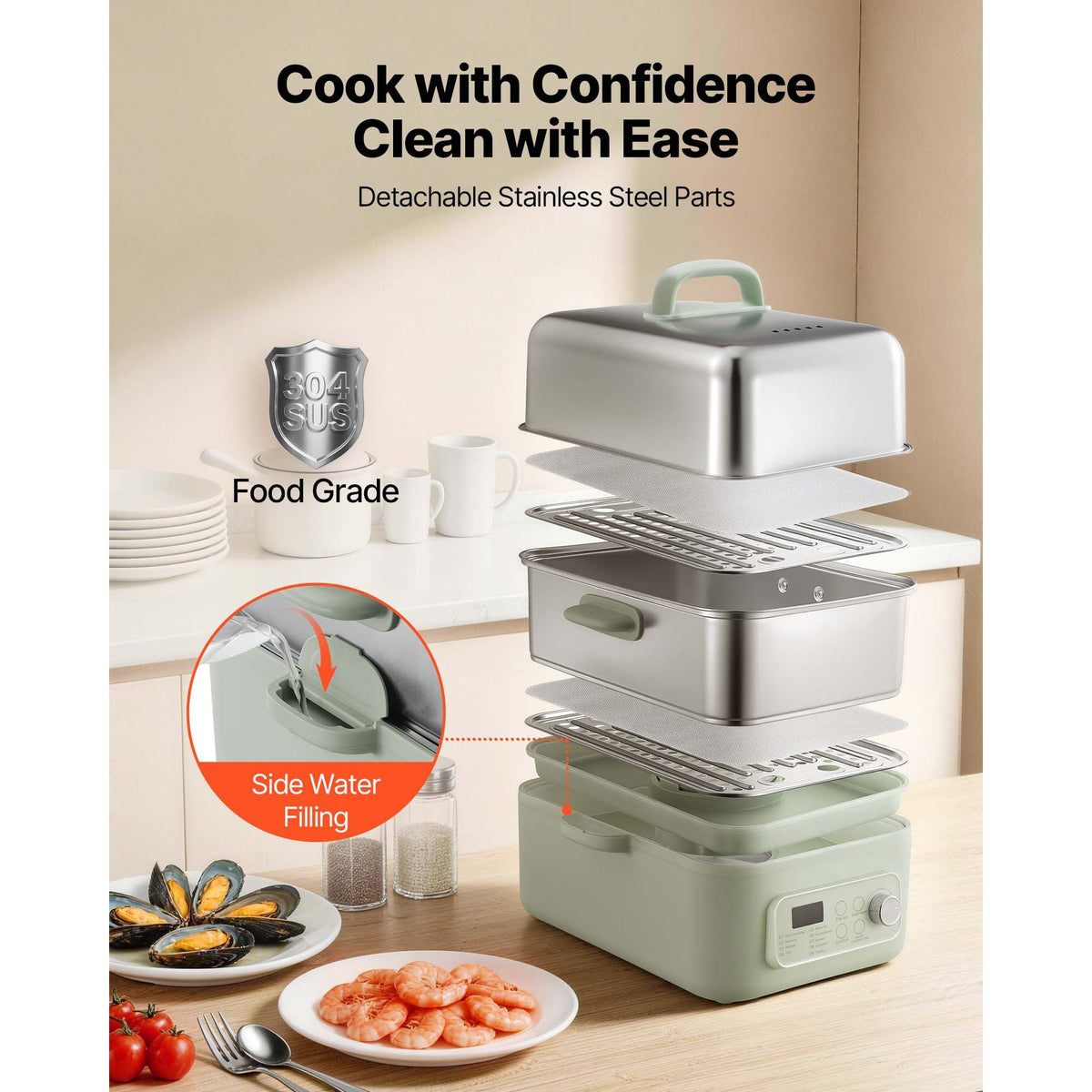 Electric Food Steamer 13.7 QT 2-Tier Stainless Steel for 3-6 Servings, 1500W Vegetable & Meal Steamer for Cooking with 9 Pre-Programmed Settings, Keep Warm, for Veggies, Seafood & Rice, Green