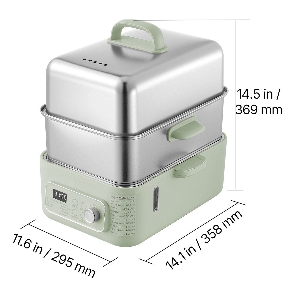 Electric Food Steamer 13.7 QT 2-Tier Stainless Steel for 3-6 Servings, 1500W Vegetable & Meal Steamer for Cooking with 9 Pre-Programmed Settings, Keep Warm, for Veggies, Seafood & Rice, Green