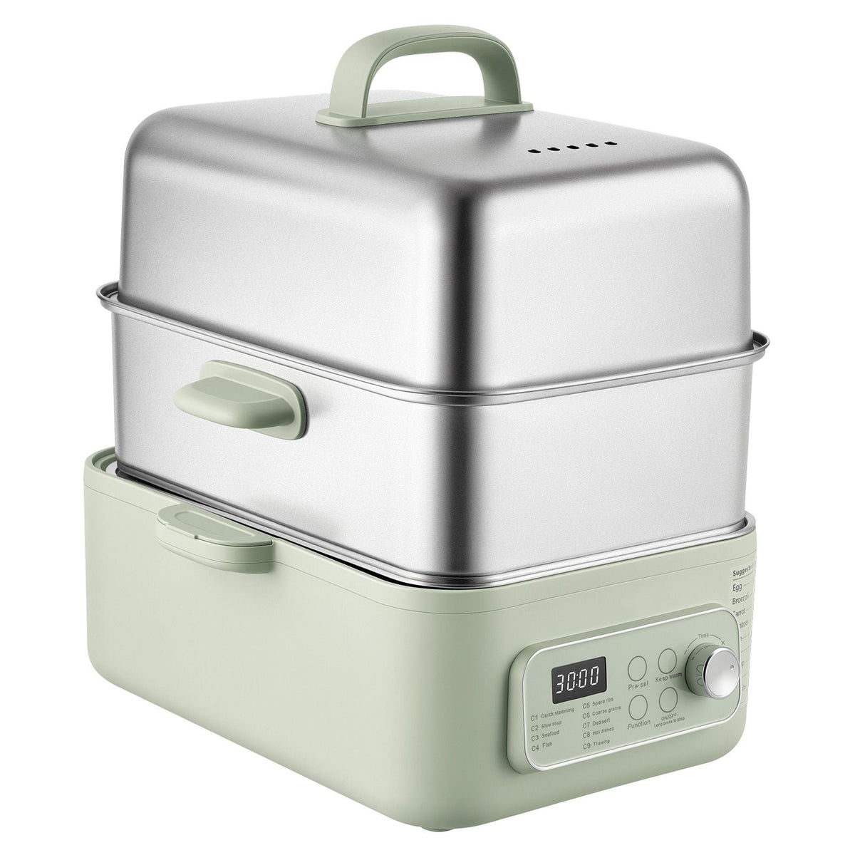 Electric Food Steamer 13.7 QT 2-Tier Stainless Steel for 3-6 Servings, 1500W Vegetable & Meal Steamer for Cooking with 9 Pre-Programmed Settings, Keep Warm, for Veggies, Seafood & Rice, Green