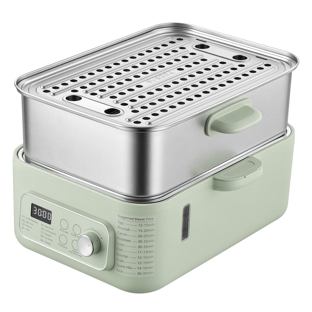 Electric Food Steamer 13.7 QT 2-Tier Stainless Steel for 3-6 Servings, 1500W Vegetable & Meal Steamer for Cooking with 9 Pre-Programmed Settings, Keep Warm, for Veggies, Seafood & Rice, Green