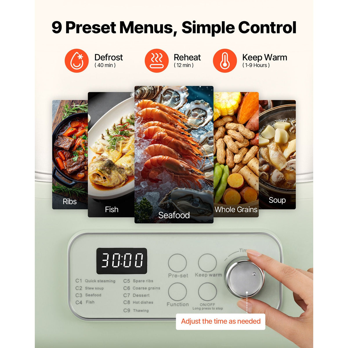 Electric Food Steamer 13.7 QT 2-Tier Stainless Steel for 3-6 Servings, 1500W Vegetable & Meal Steamer for Cooking with 9 Pre-Programmed Settings, Keep Warm, for Veggies, Seafood & Rice, Green