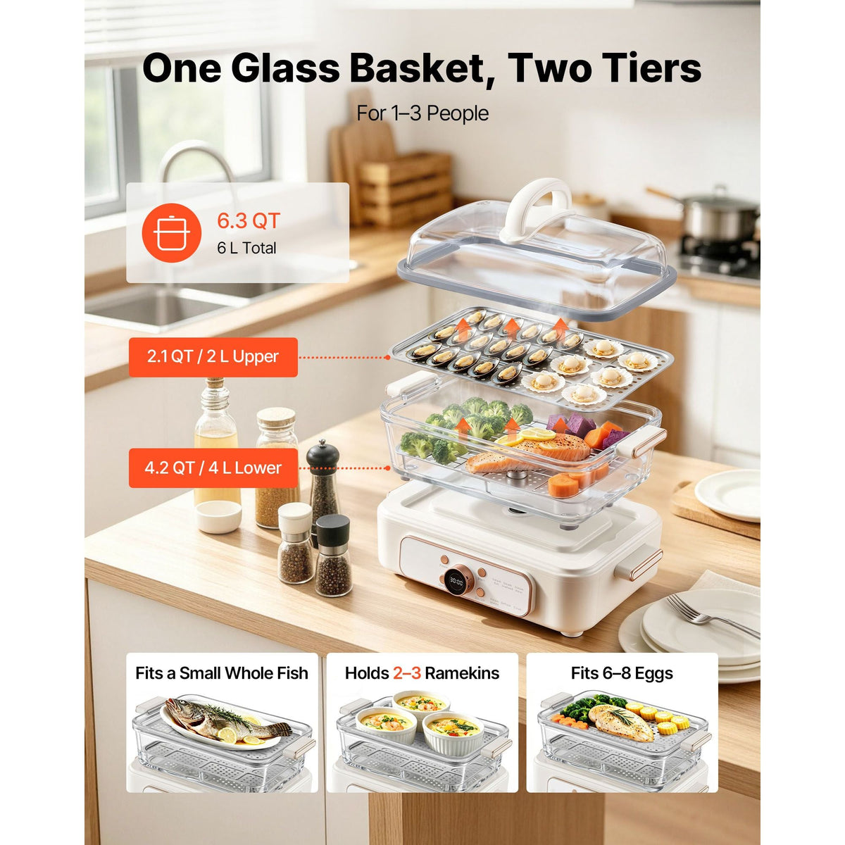 Electric Food Steamer 6.3 QT Glass with 2-Tier Stainless Steel Trays, 1200W Vegetable Steamer for Cooking, 1-3 Servings, Pre-Programmed Settings, Delay Start, for Veggies, Seafood & Rice, White