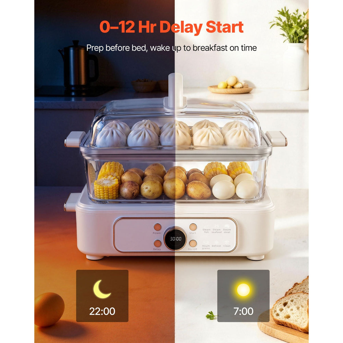 Electric Food Steamer 6.3 QT Glass with 2-Tier Stainless Steel Trays, 1200W Vegetable Steamer for Cooking, 1-3 Servings, Pre-Programmed Settings, Delay Start, for Veggies, Seafood & Rice, White