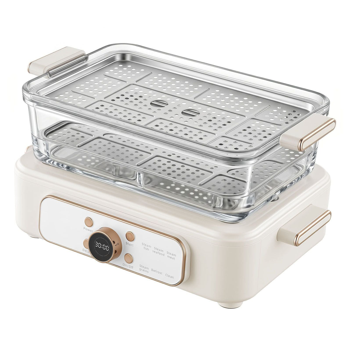 Electric Food Steamer 6.3 QT Glass with 2-Tier Stainless Steel Trays, 1200W Vegetable Steamer for Cooking, 1-3 Servings, Pre-Programmed Settings, Delay Start, for Veggies, Seafood & Rice, White