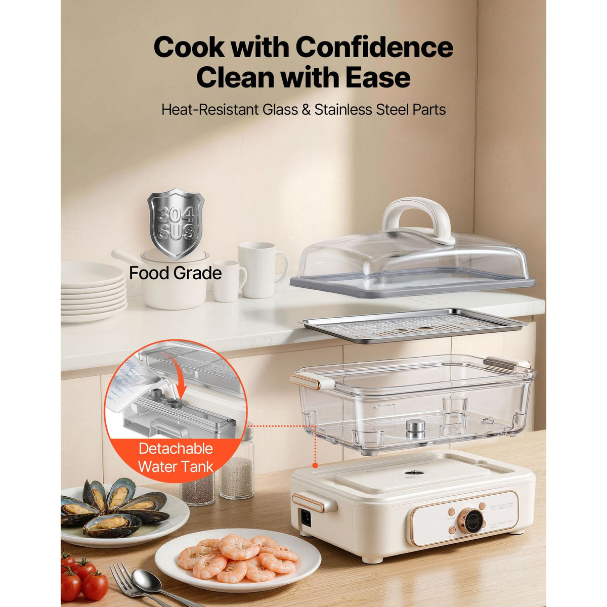 Electric Food Steamer 6.3 QT Glass with 2-Tier Stainless Steel Trays, 1200W Vegetable Steamer for Cooking, 1-3 Servings, Pre-Programmed Settings, Delay Start, for Veggies, Seafood & Rice, White