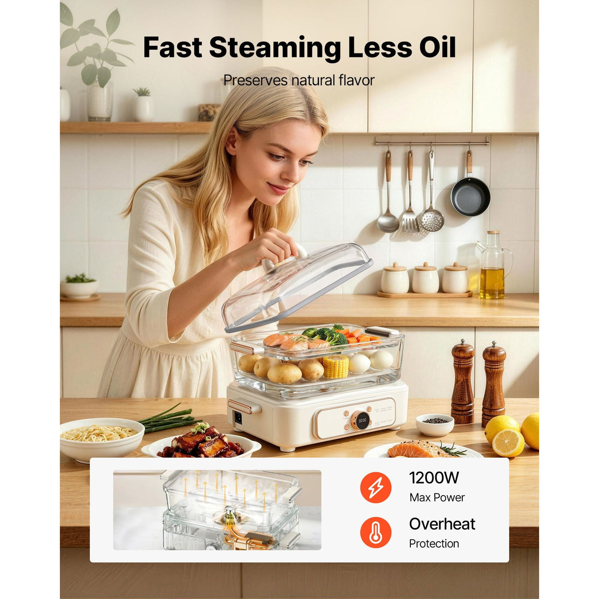 Electric Food Steamer 6.3 QT Glass with 2-Tier Stainless Steel Trays, 1200W Vegetable Steamer for Cooking, 1-3 Servings, Pre-Programmed Settings, Delay Start, for Veggies, Seafood & Rice, White