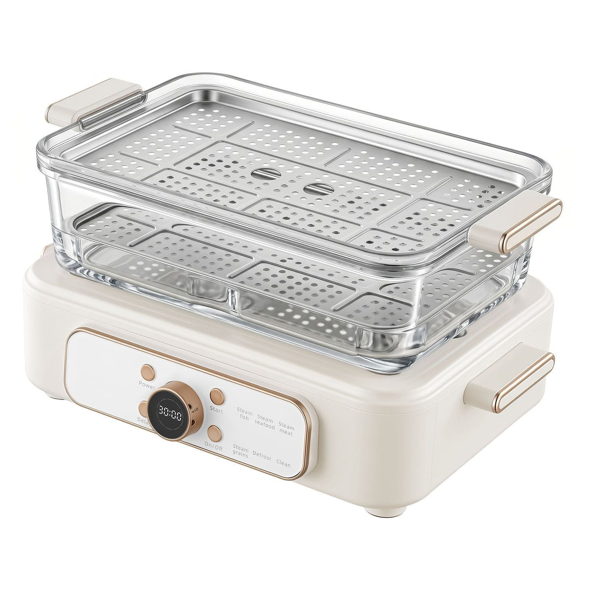 Electric Food Steamer 6.3 QT Glass with 2-Tier Stainless Steel Trays, 1200W Vegetable Steamer for Cooking, 1-3 Servings, Pre-Programmed Settings, Delay Start, for Veggies, Seafood & Rice, White