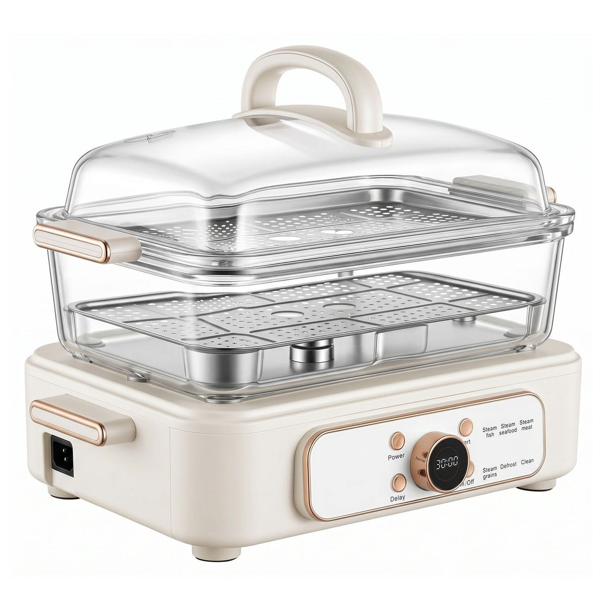 Electric Food Steamer 6.3 QT Glass with 2-Tier Stainless Steel Trays, 1200W Vegetable Steamer for Cooking, 1-3 Servings, Pre-Programmed Settings, Delay Start, for Veggies, Seafood & Rice, White