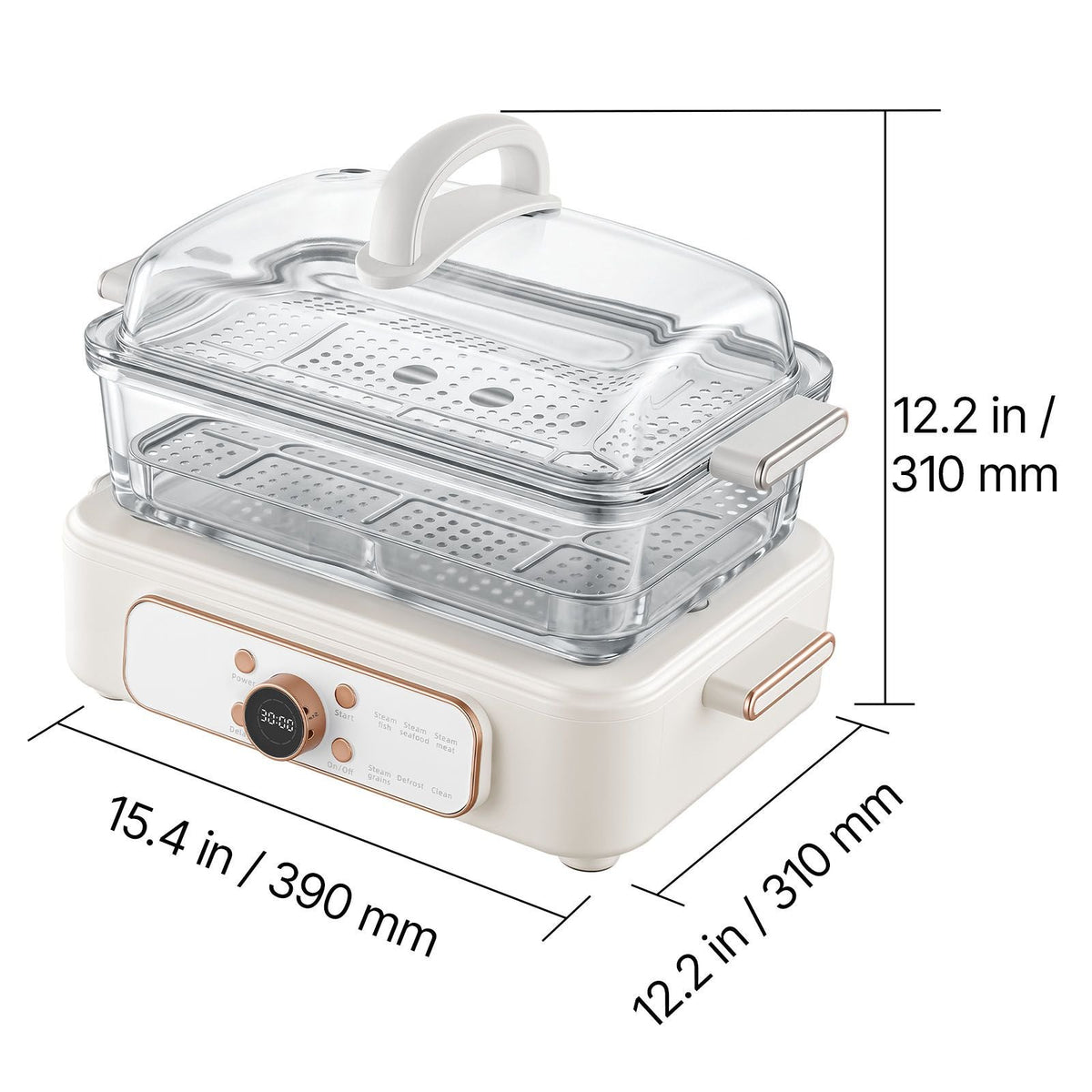Electric Food Steamer 6.3 QT Glass with 2-Tier Stainless Steel Trays, 1200W Vegetable Steamer for Cooking, 1-3 Servings, Pre-Programmed Settings, Delay Start, for Veggies, Seafood & Rice, White