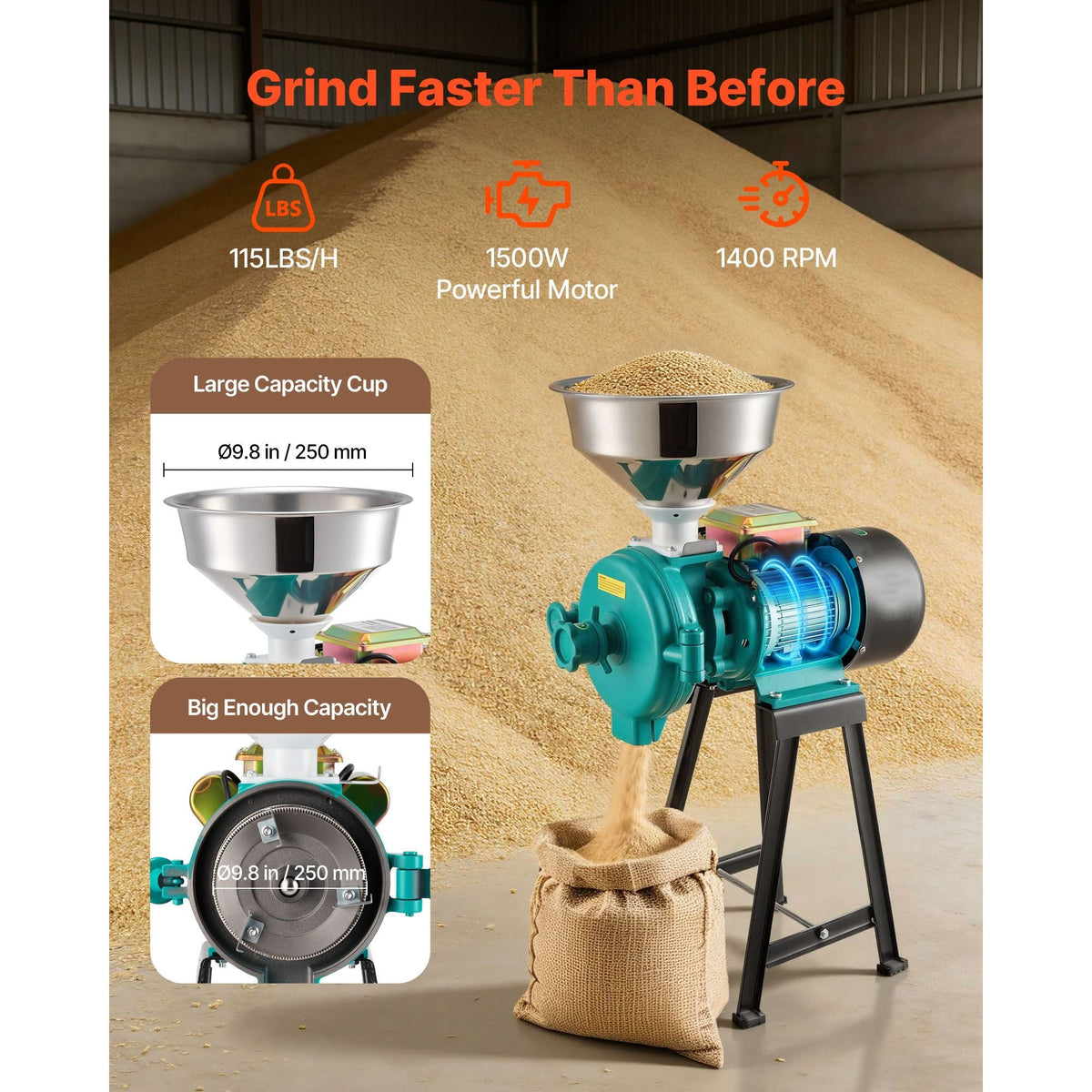 Electric Grain Mill Grinder, 110 lbs/H Commercial Spice Grinders, 1500W Cast Iron Pulverizer Powder Machine with Non-Slip Rubber Feet, for Dry Grains, Spices, Cereals, Coffee, Corn & Pepper