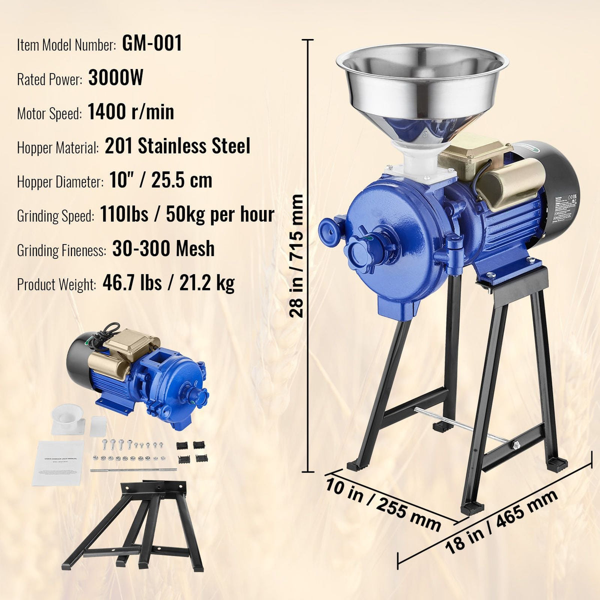 Electric Grain Mill Grinder, 3000W Spice Grinders, Commercial Corn Mill with Funnel, Thickness Adjustable Powder Machine, Heavy Duty Feed Flour Cereal Mill Wheat Grinders, Dry Grinder