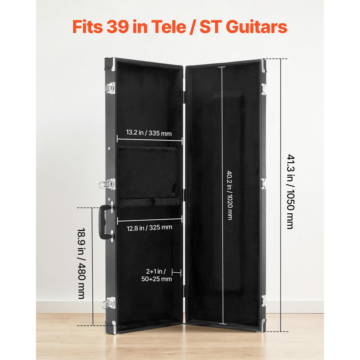 Electric Guitar Hard Case, 41.3 Inch, Rectangle Wooden Hard-Shell Protective Carrying Case, with Lock Latch, Padding, Accessory Compartment, Key, for 39 Inch Tele/ST Electric Guitars, Black