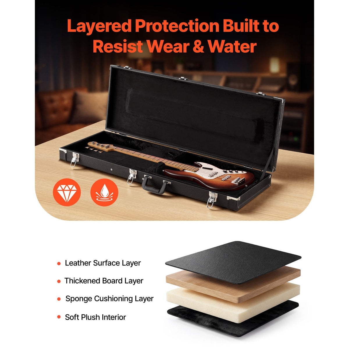 Electric Guitar Hard Case, 41.3 Inch, Rectangle Wooden Hard-Shell Protective Carrying Case, with Lock Latch, Padding, Accessory Compartment, Key, for 39 Inch Tele/ST Electric Guitars, Black