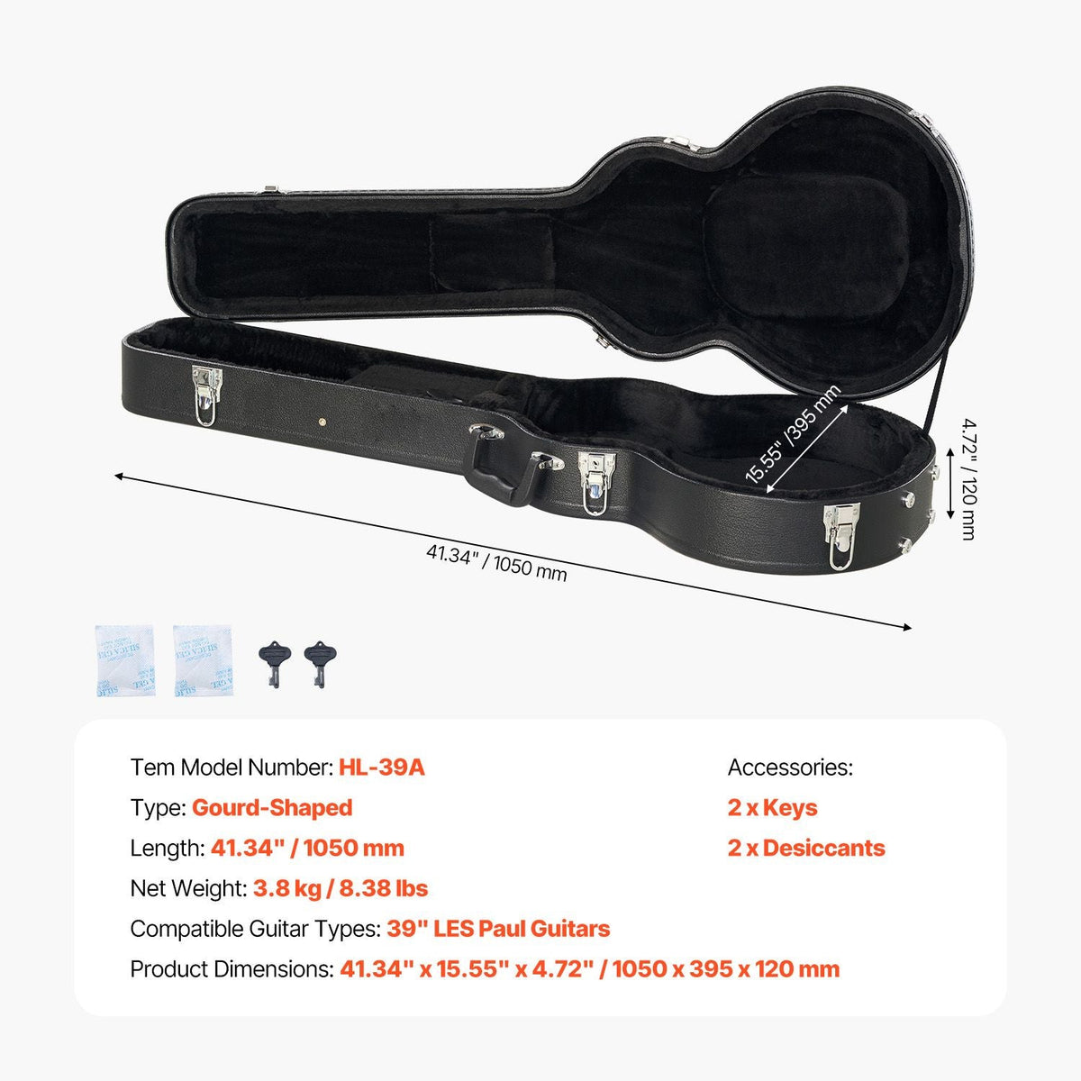 Electric Guitar Hard Case, 41.34 in Gourd-Shaped Guitar Hard Case, With Lock Latch Keys Handle, PVC Padding Soft Lining Water-Resistant Hard Shell Guitar Case, for 39 in LES Paul Guitars, Black