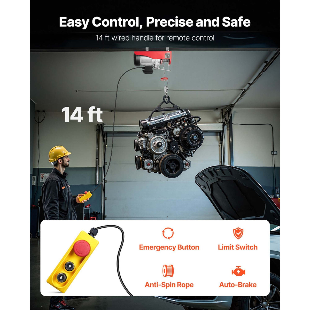 Electric Hoist, 1320 lbs Lifting Capacity, 1150W 110V Electric Steel Wire Winch with 14ft Wired Remote Control, 40ft Single Cable Lifting Height & Pure Copper Motor, for Garage Warehouse Factory