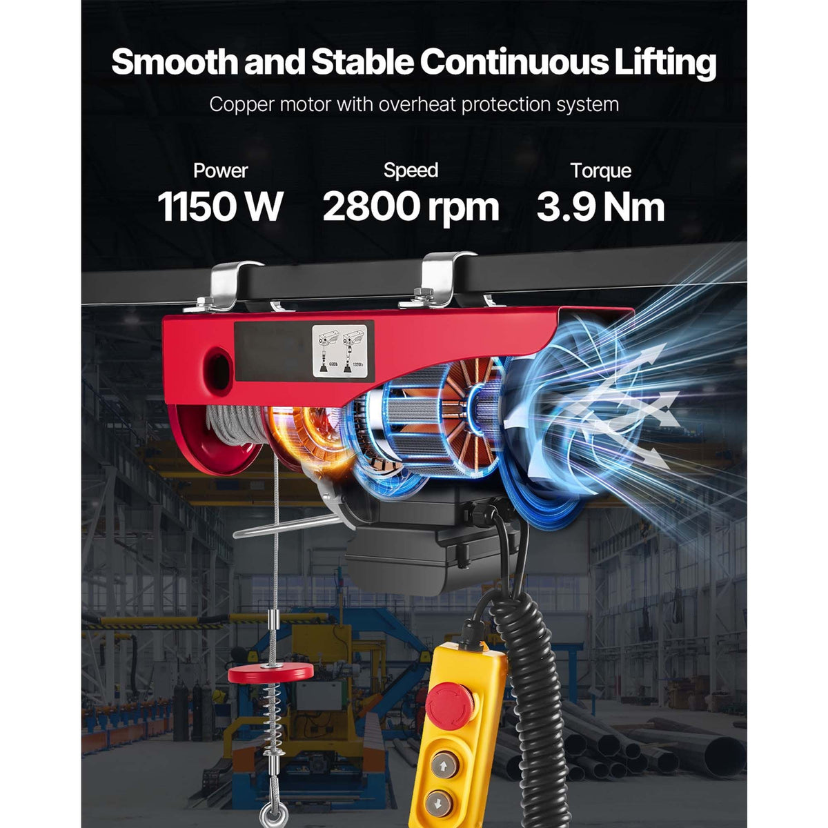 Electric Hoist, 1320 lbs Lifting Capacity, 1150W 110V Electric Steel Wire Winch with 14ft Wired Remote Control, 40ft Single Cable Lifting Height & Pure Copper Motor, for Garage Warehouse Factory