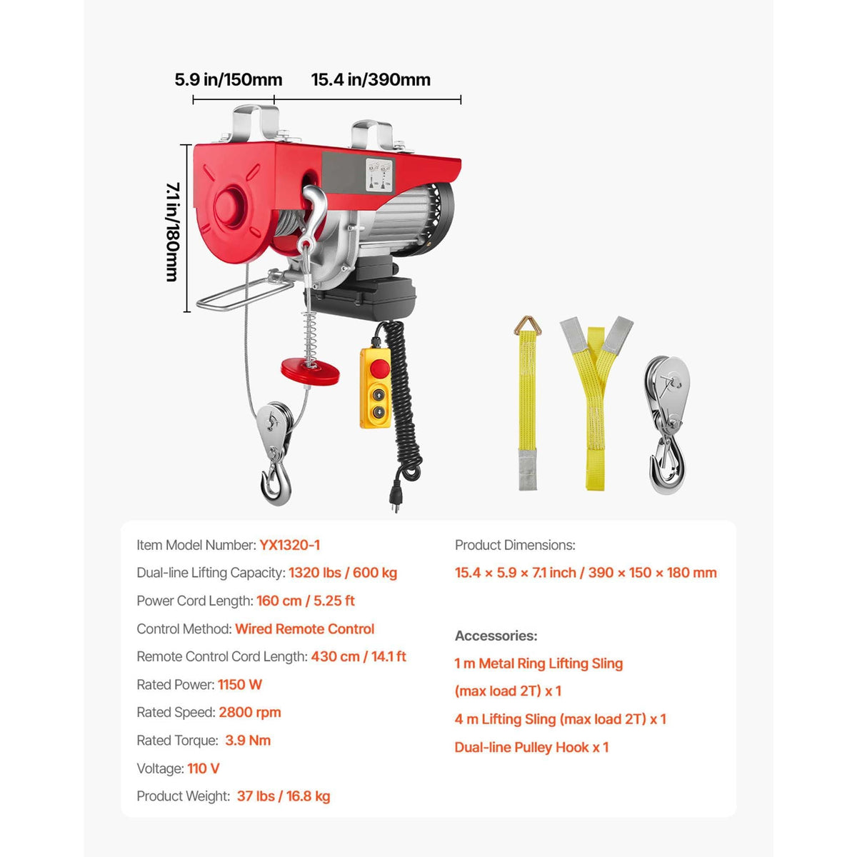 Electric Hoist, 1320 lbs Lifting Capacity, 1150W 110V Electric Steel Wire Winch with 14ft Wired Remote Control, 40ft Single Cable Lifting Height & Pure Copper Motor, for Garage Warehouse Factory