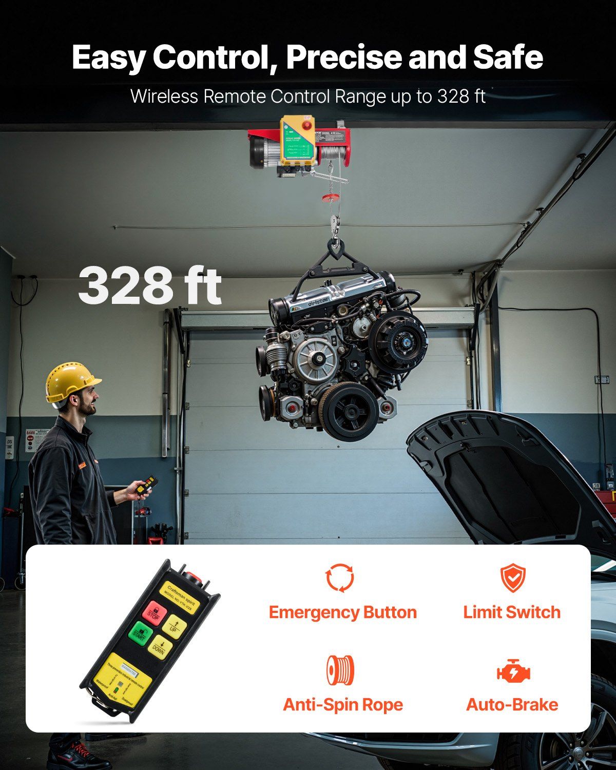 Electric Hoist, 1760 lbs 120V Electric Winch with 328 ft Wireless Remote Control, 40 ft Single Cable Lifting Height, Single/Double Slings, Emergency Stop, Lift Hoist for Garage Warehouse Factory