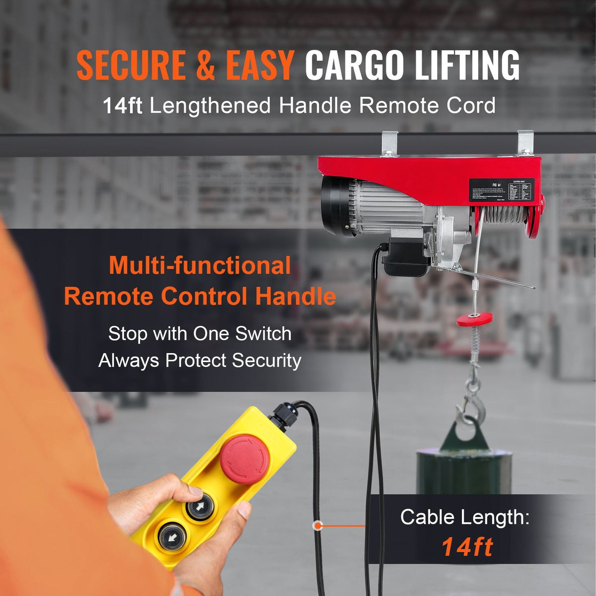 Electric Hoist 1760lbs with 14ft Wired Remote Control, Electric Hoist 110 Volt with 40ft Single Cable Lifting Height & Pure Copper Motor, for Garage Warehouse Factory