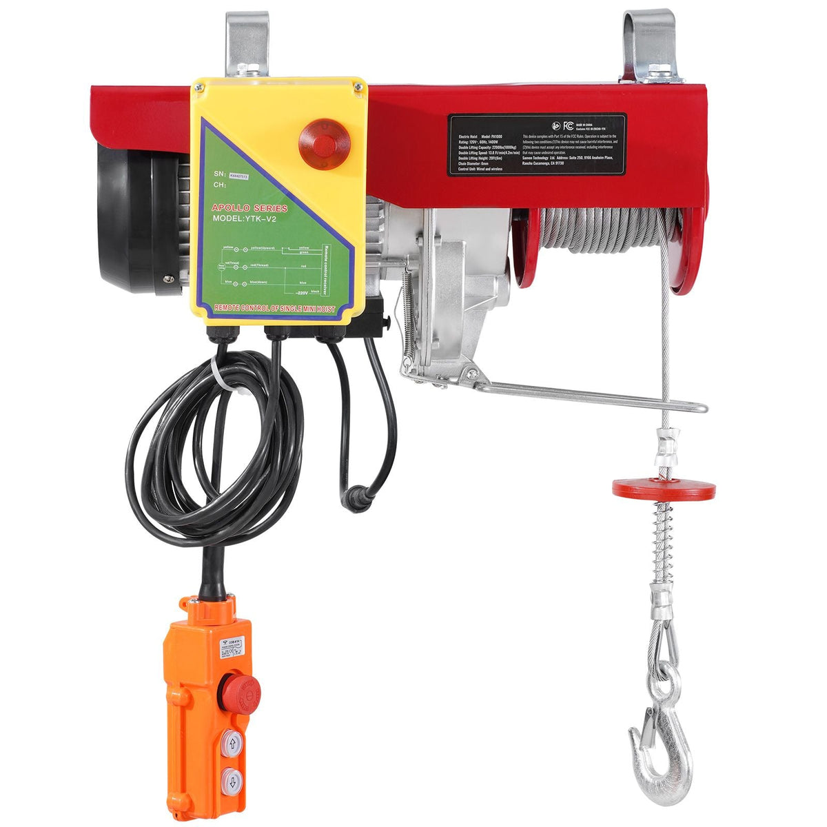 Electric Hoist, 2200 lbs 120V Electric Winch with 328 ft Wireless & 14 ft Wired Remote Control, 40 ft Single Cable Lifting Height, Single/Double Slings, Lift Hoist for Garage Warehouse Factory