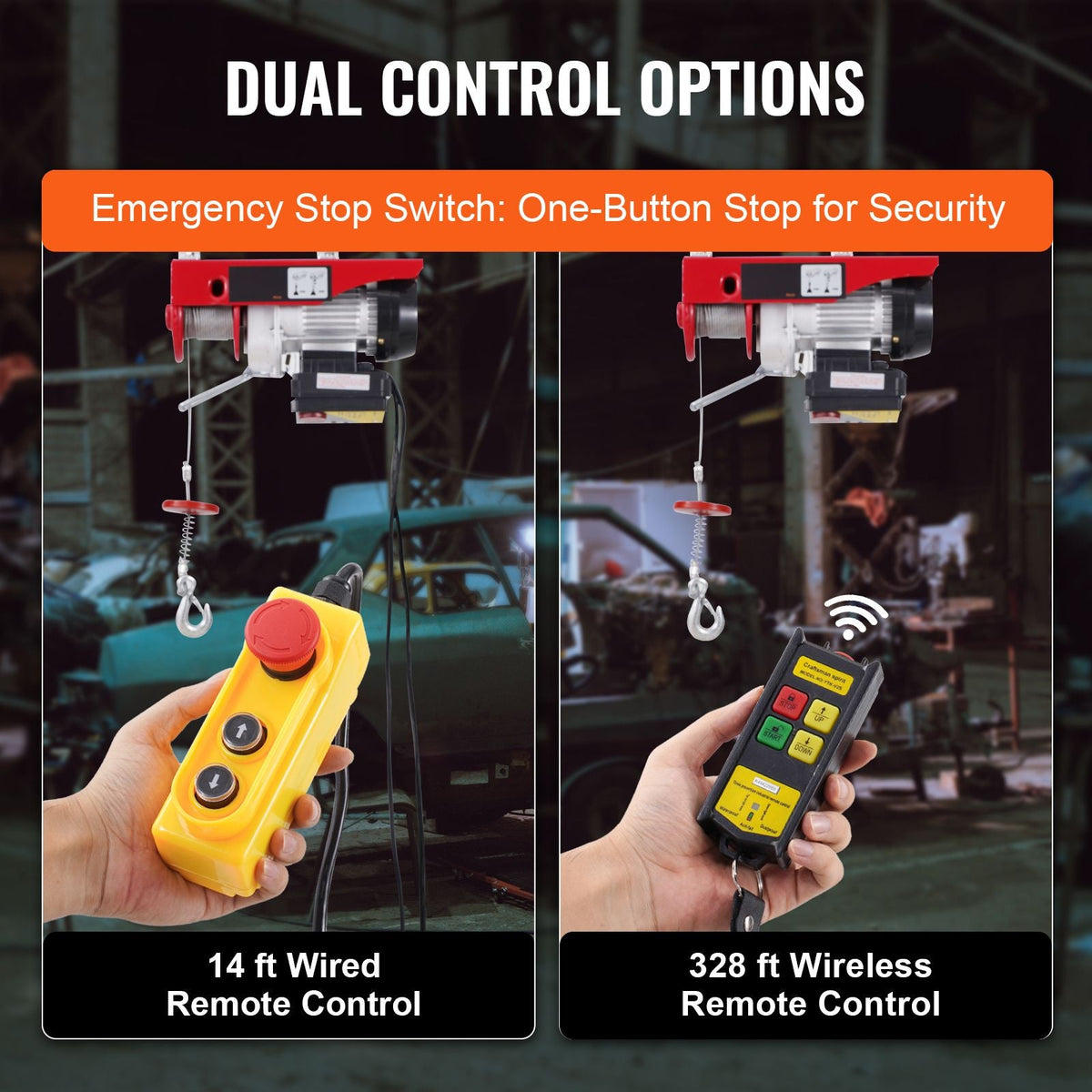 Electric Hoist, 440 lbs 120V Electric Winch with 328 ft Wireless & 14 ft Wired Remote Control, 40 ft Single Cable Lifting Height, Single/Double Slings, Lift Hoist for Garage Warehouse Factory