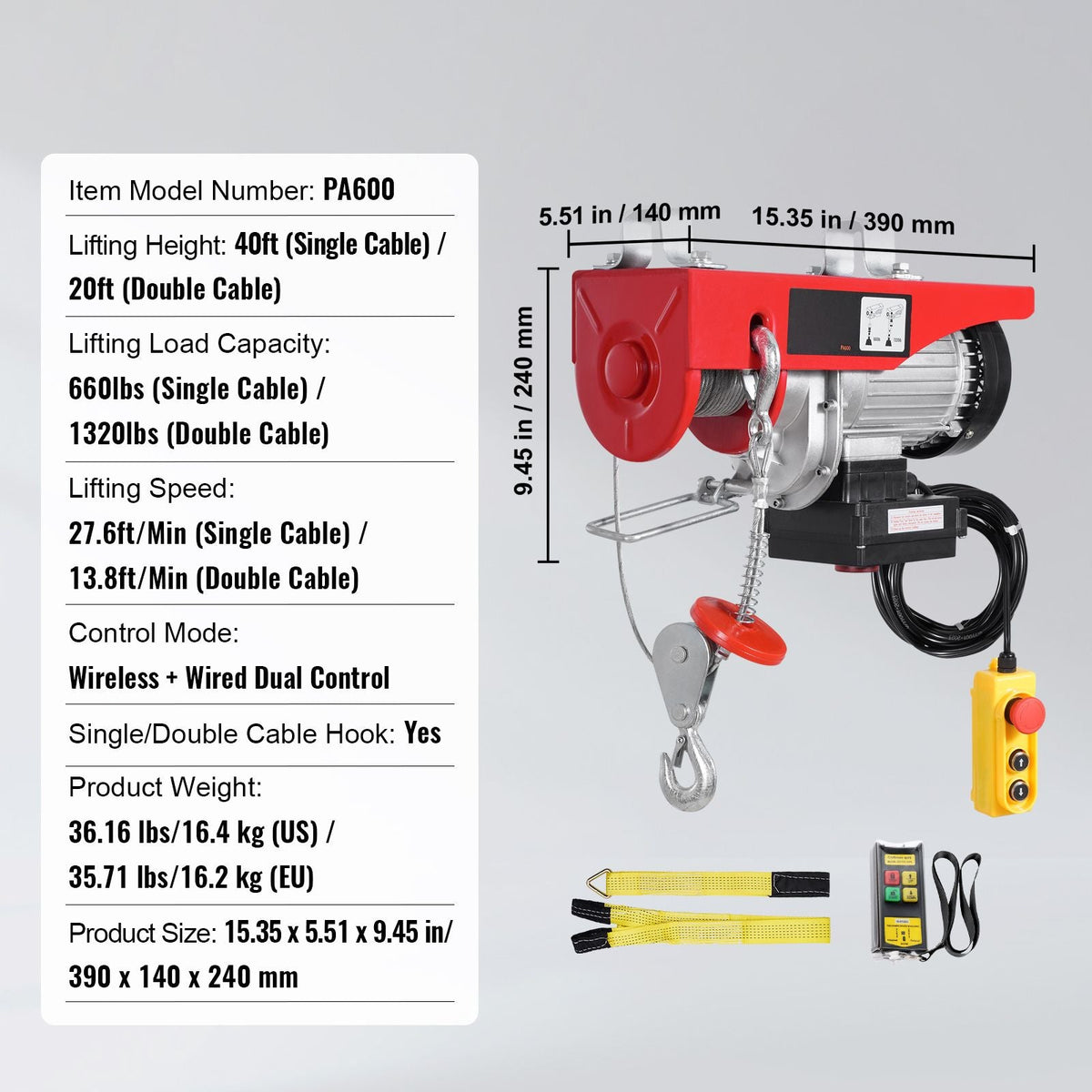Electric Hoist Crane Winch 1320 lbs 328 ft Wireless & 14 ft Wired Remote
